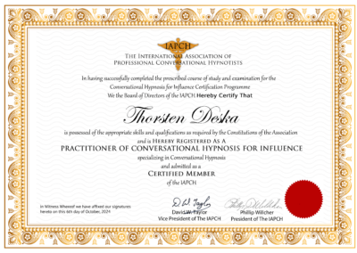 Practitioner of Conversational Hypnosis for Influence 2024